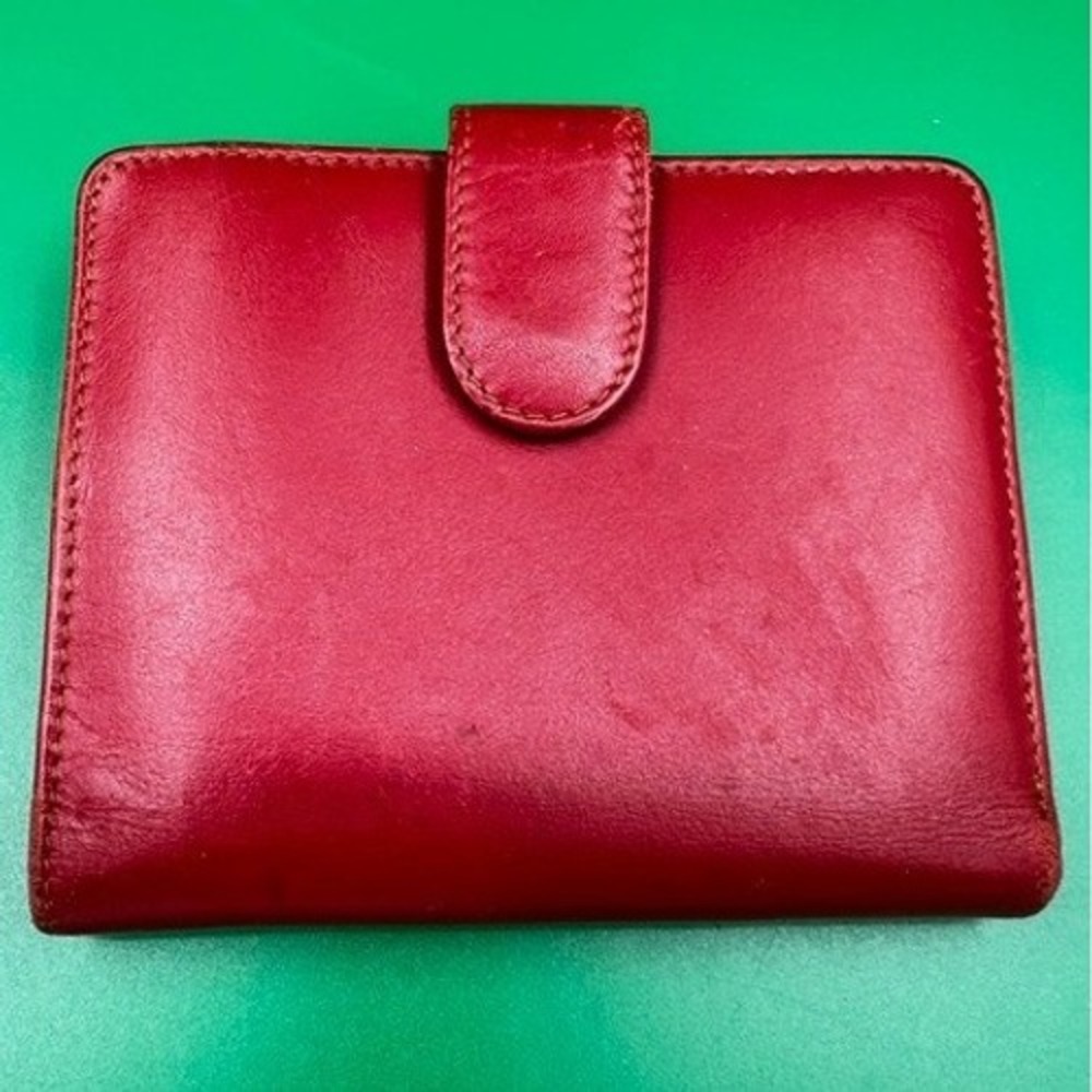 Kane-M Leather Bifold Wallet Womens Red Tan Snap Closure Multi Card Slot